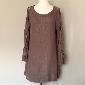 Listicle Tan Lace-up Sleeve Sweater Dress, Small